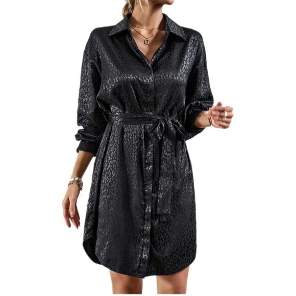 Women's Long Sleeve Jacquard Drop Shoulder Belted Satin Shirt Size Small - Picture 1 of 3